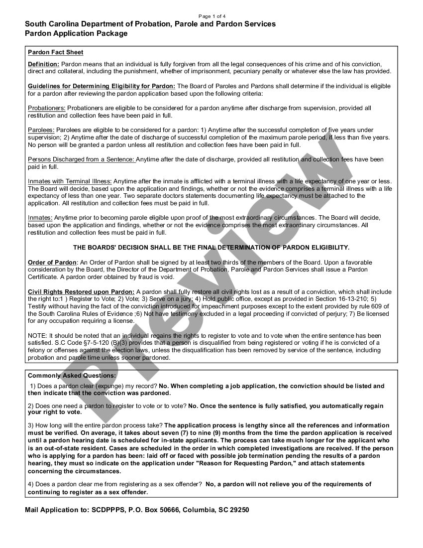 South Carolina Pardon Application Package Pardon Letter For Felony Us Legal Forms