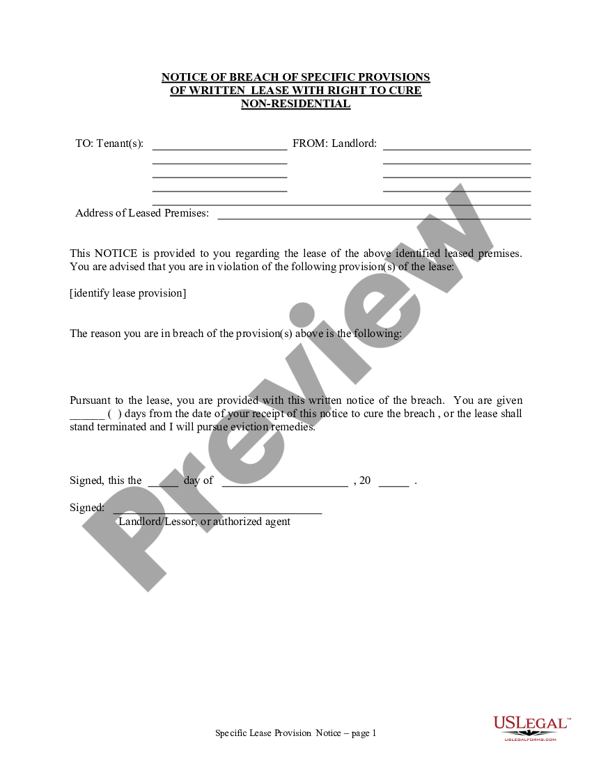 South Carolina Notice of Breach of Written Lease for Violating Specific