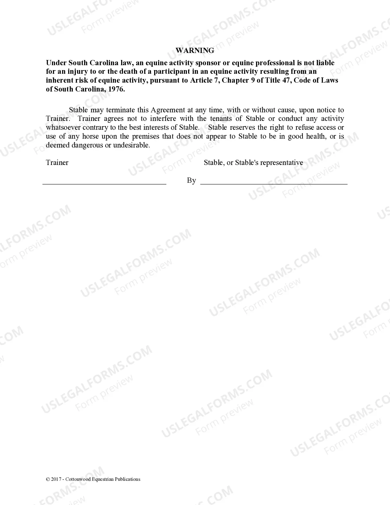 Preview Trainer's Facility Use Agreement - Horse Equine Forms