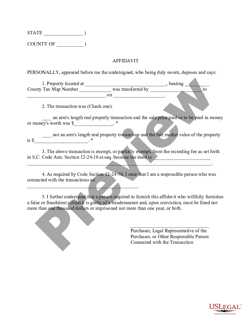 South Carolina Affidavit Of True Consideration Us Legal Forms 5413