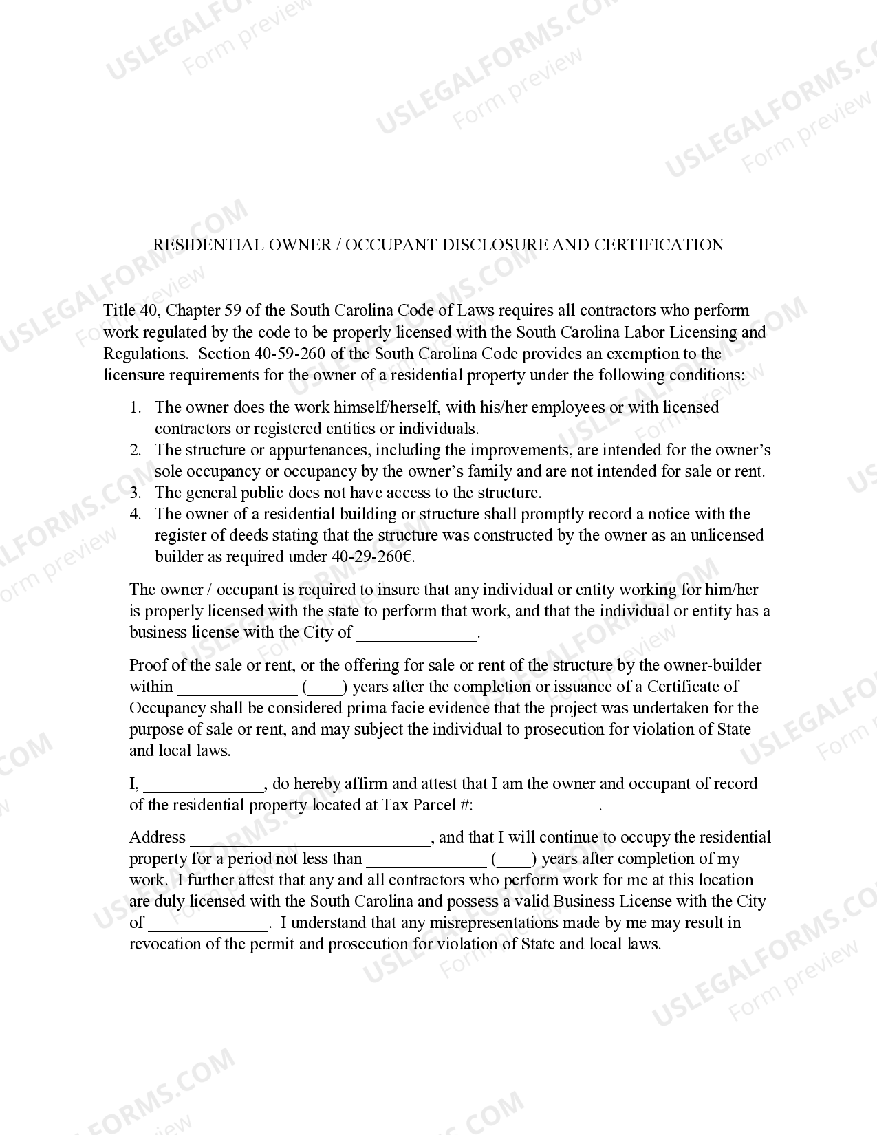 South Carolina Residential Owner / Occupant Disclosure and