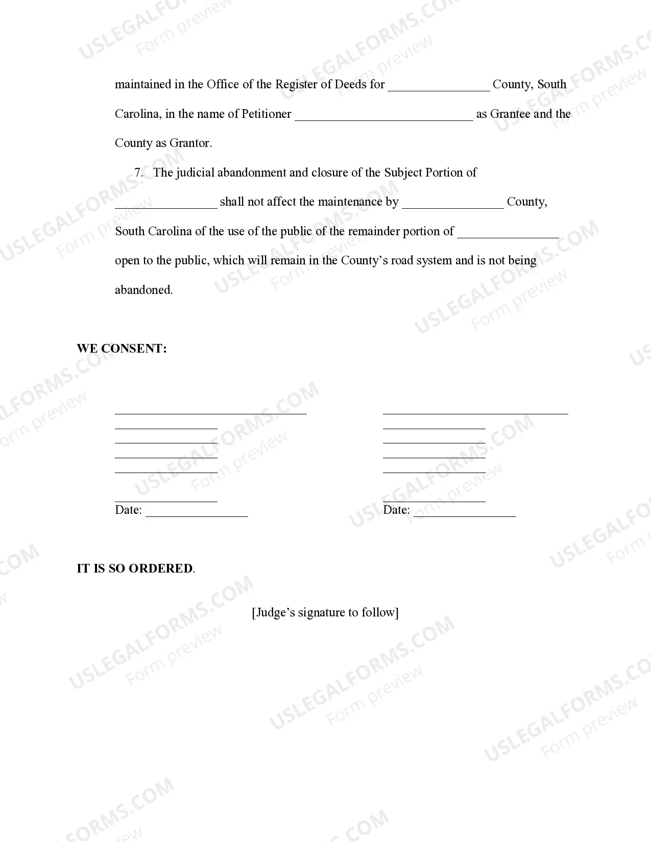 Preview Consent Order for Judicial Abandonment and Road Closure