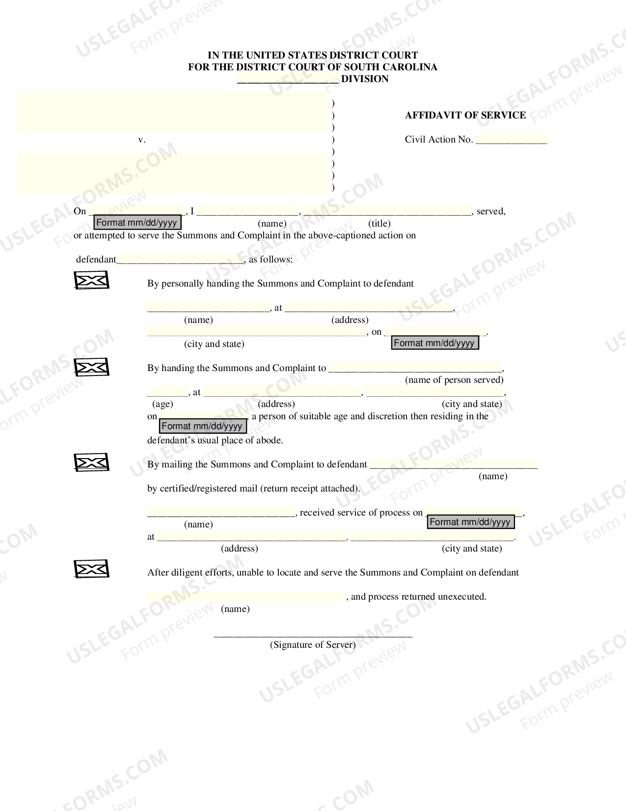 South Carolina Affidavit of Service - Legal Proof Of Service Form South ...