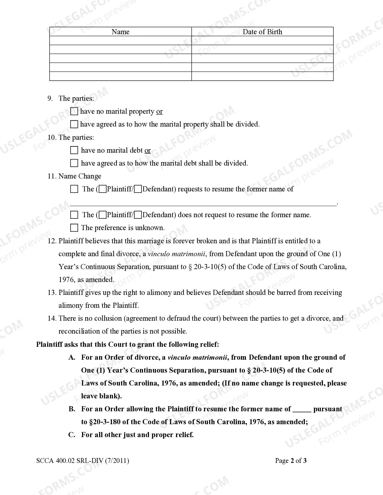Preview Complaint for Divorce
