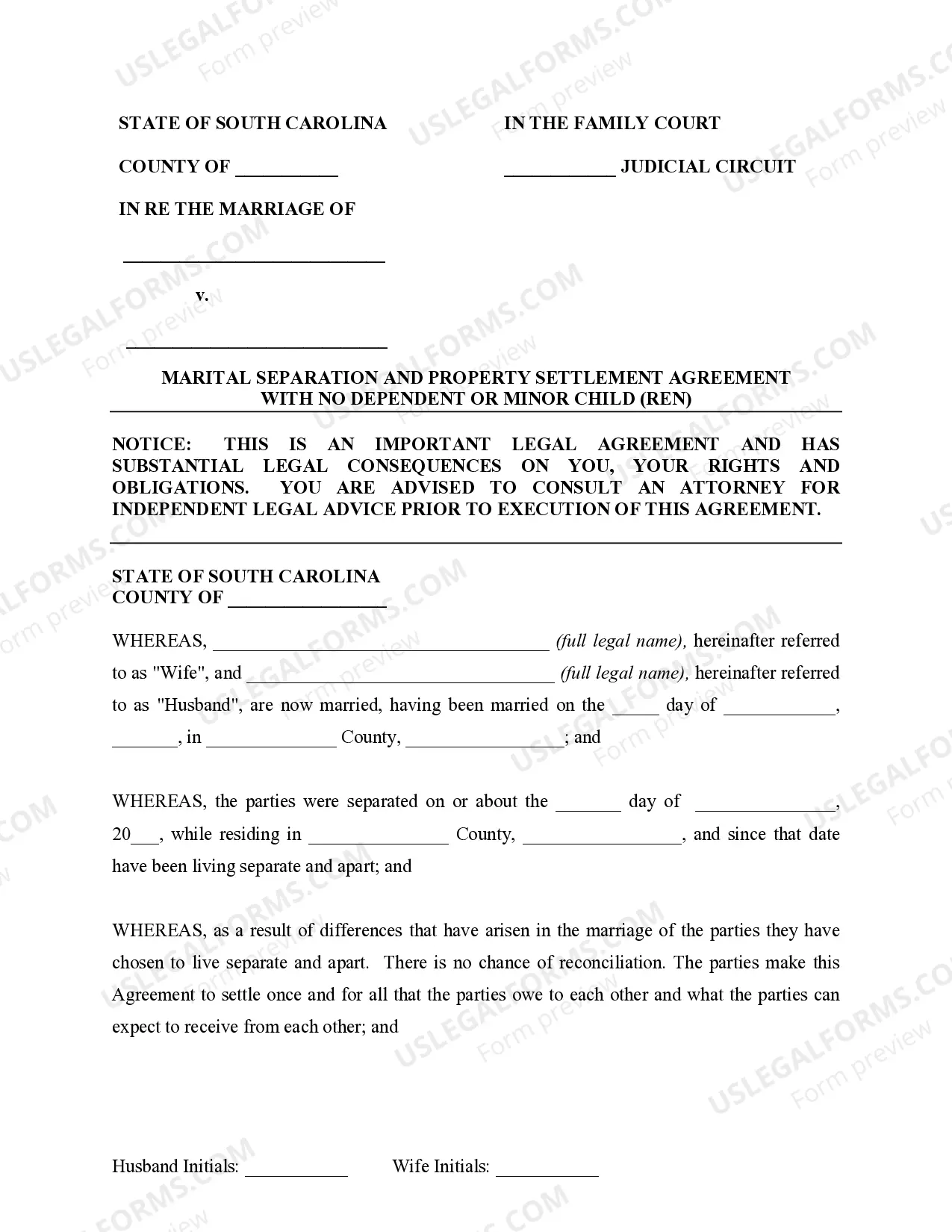 Preview Marital Domestic Separation and Property Settlement Agreement No Children