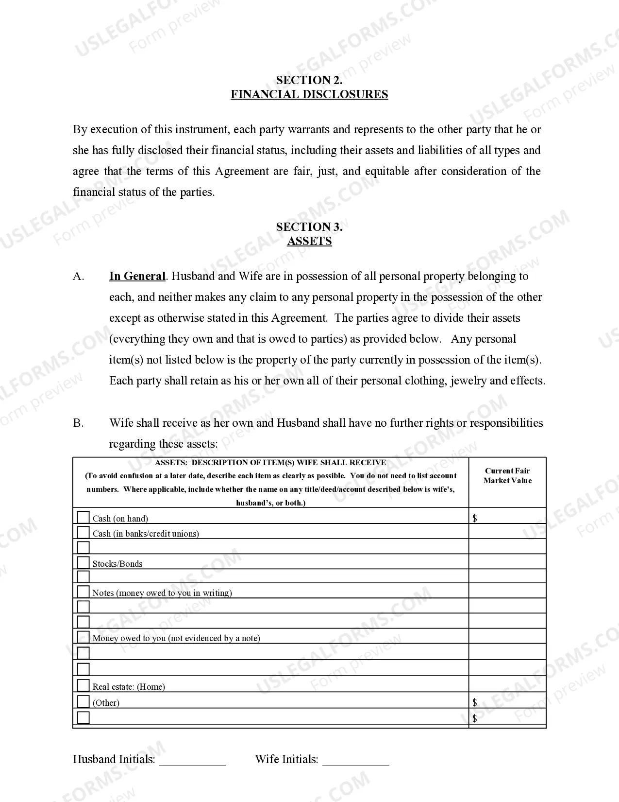 Preview Marital Domestic Separation and Property Settlement Agreement No Children