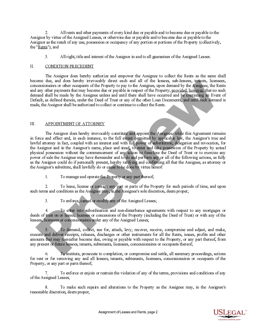 Preview Assignment of Lease and Rent from Borrower to Lender