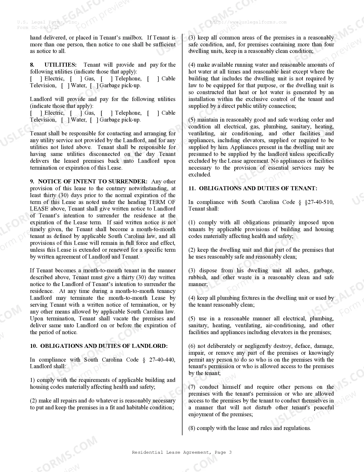 Preview Residential Lease or Rental Agreement for Month to Month