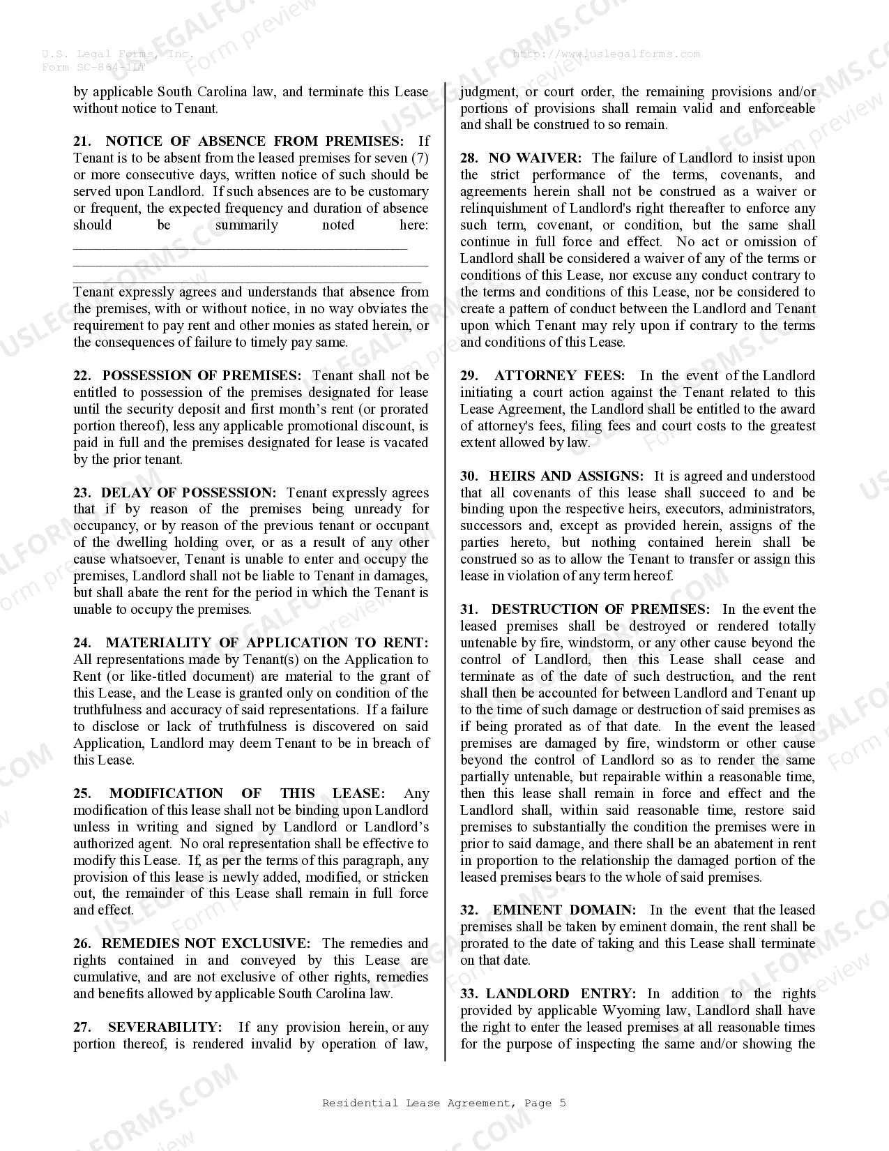 Preview Residential Lease or Rental Agreement for Month to Month