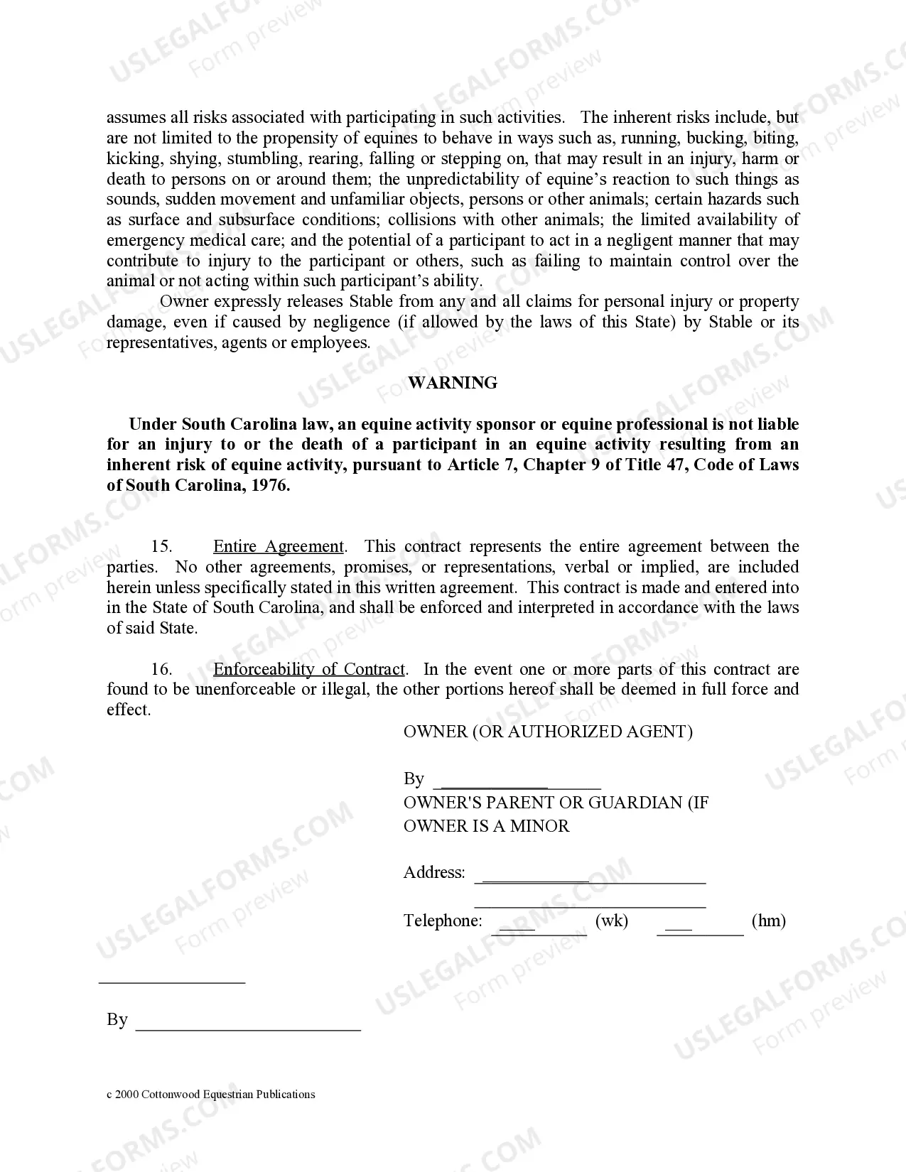 Preview South Carolina Horse Equine Forms Package