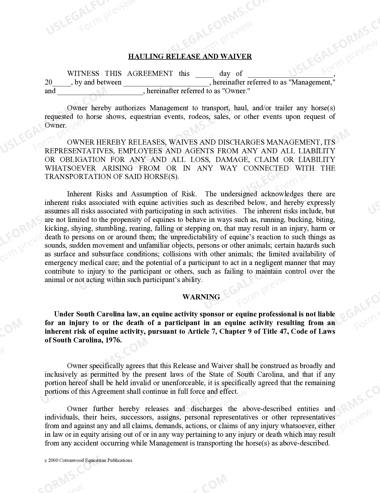 Preview South Carolina Horse Equine Forms Package