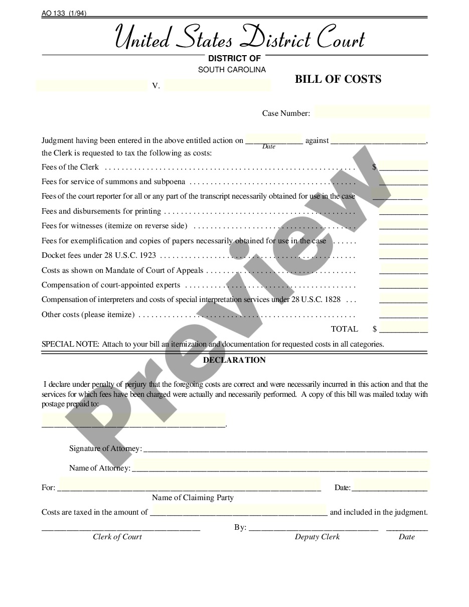 form Bill of Costs preview