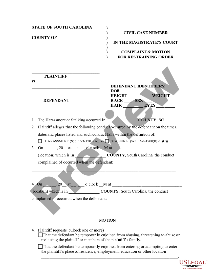 south-carolina-complaint-and-motion-for-restraining-order-us-legal-forms