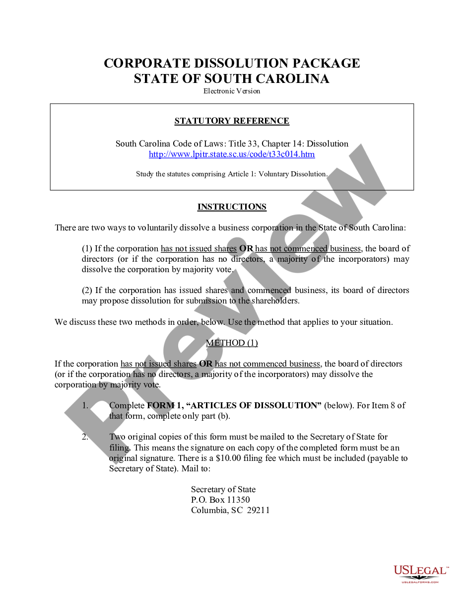 page 0 South Carolina Dissolution Package to Dissolve Corporation preview