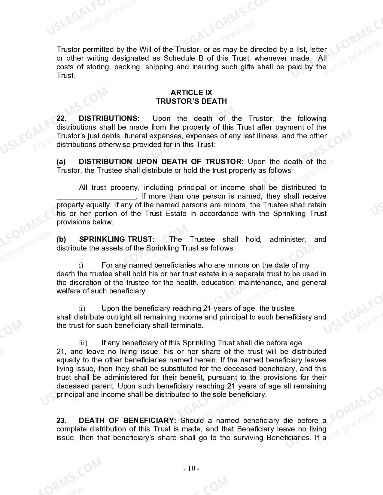 Preview Living Trust for Individual Who is Single, Divorced or Widow or Widower with No Children