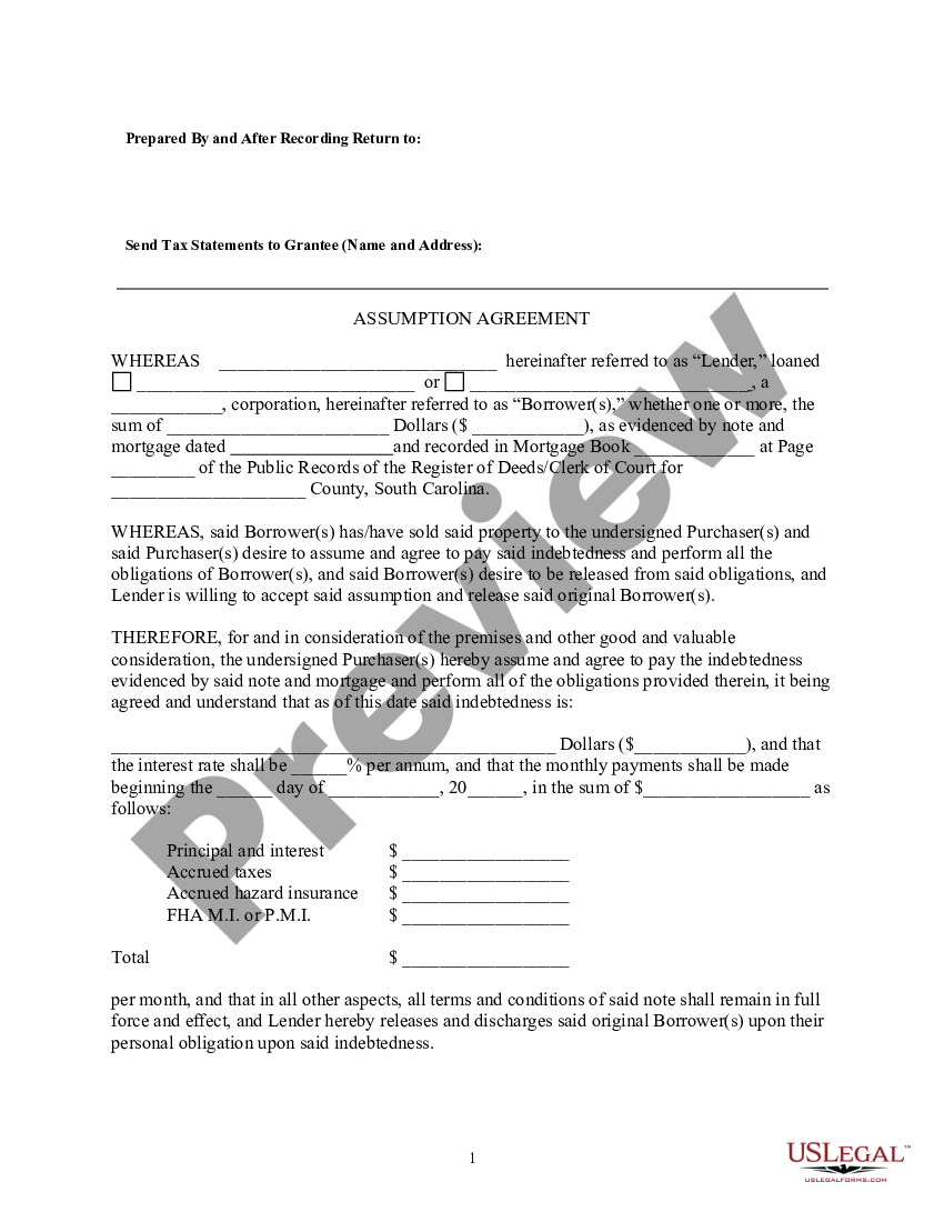 South Carolina Assumption Agreement of Mortgage and Release of Original ...