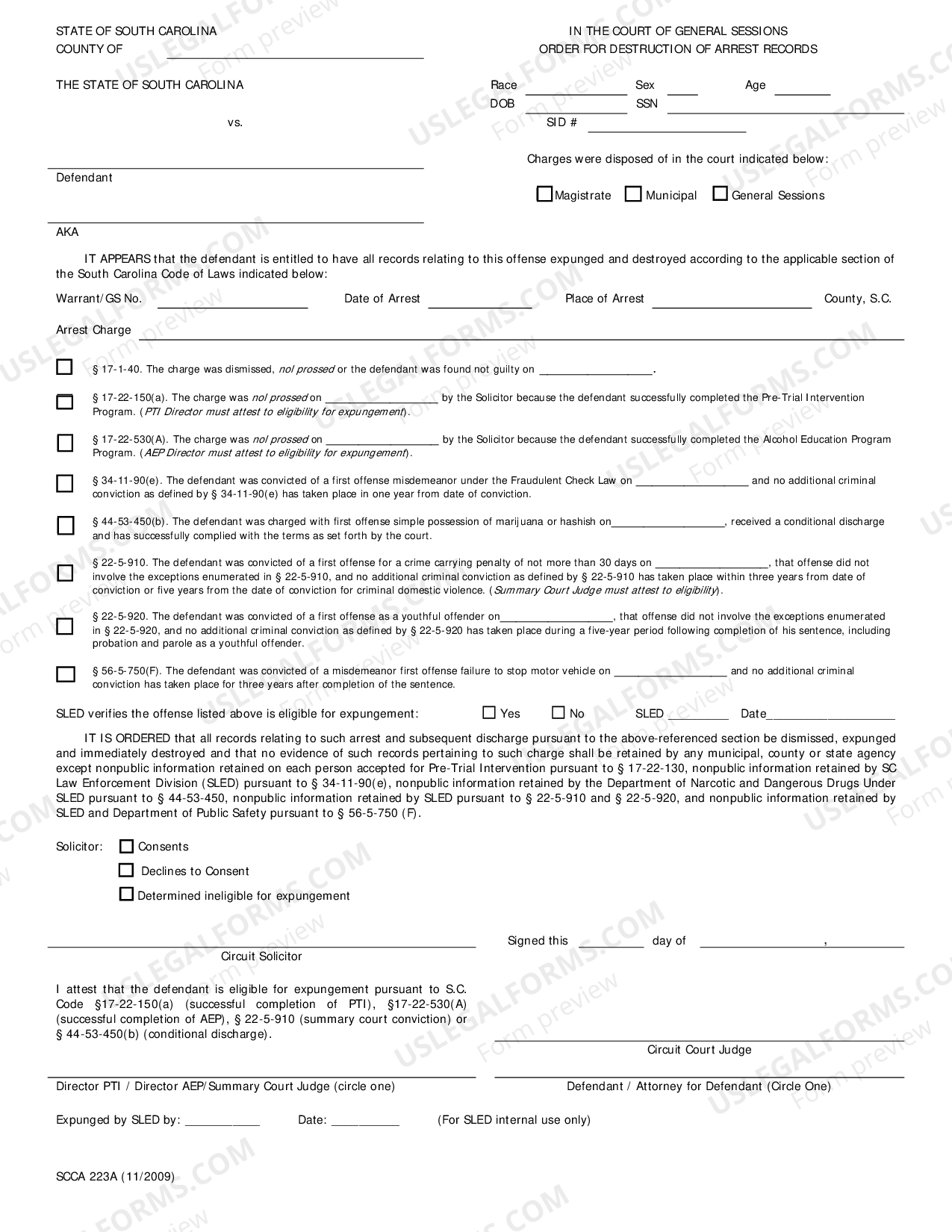 South Carolina Order for Destruction of Arrest Records - Order Of Arrest  Process | US Legal Forms