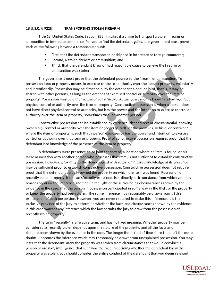 South Carolina TRANSPORTING STOLEN FIREARM US Legal Forms