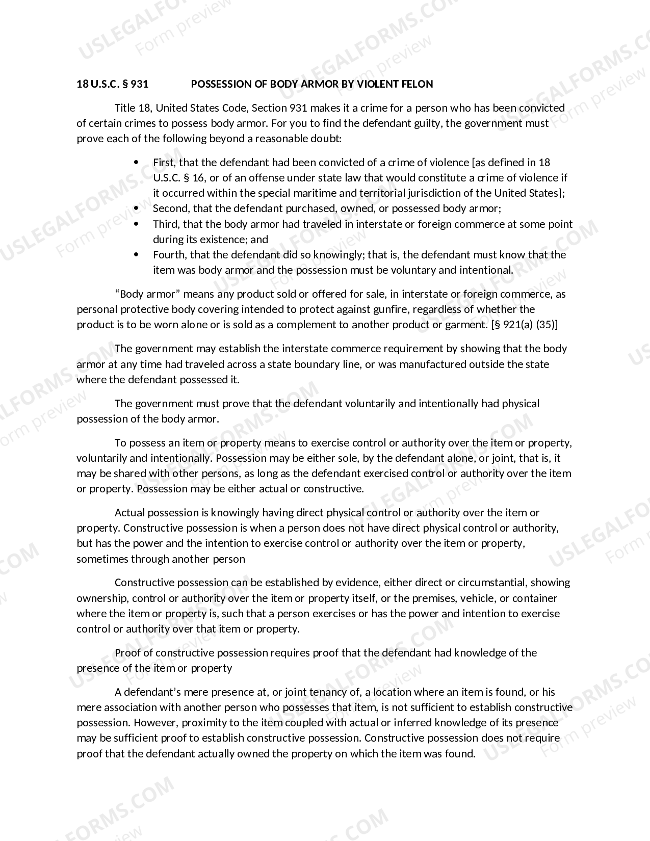 South Carolina POSSESSION OF BODY ARMOR BY VIOLENT FELON US Legal Forms