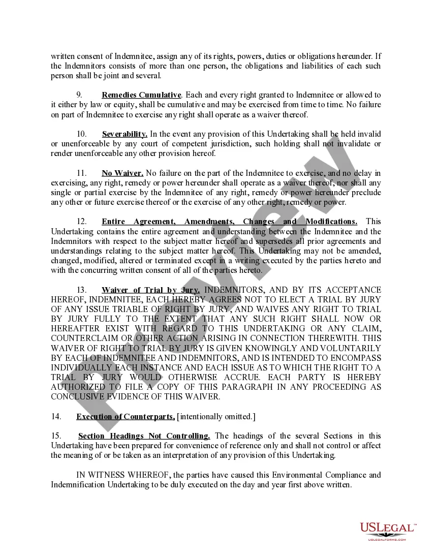 Preview Environmental Compliance and Indemnification Undertaking
