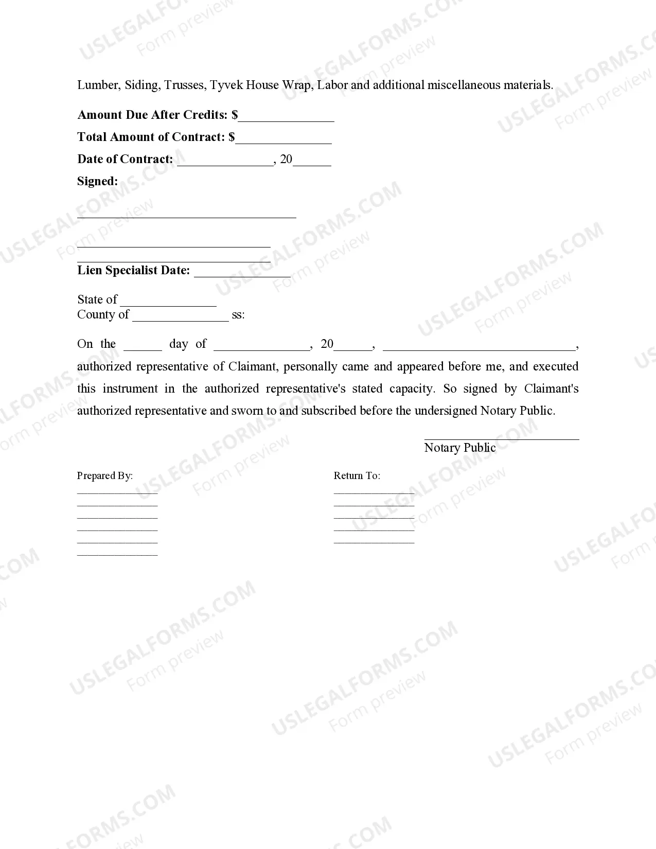 Preview Affidavit for Mechanic's Lien