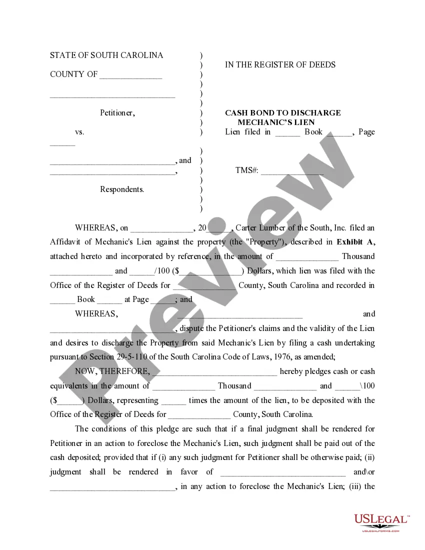 Get Cash Bond to Discharge Mechanic's Lien Preview Cash Bond to Discharge Mechanic's Lien