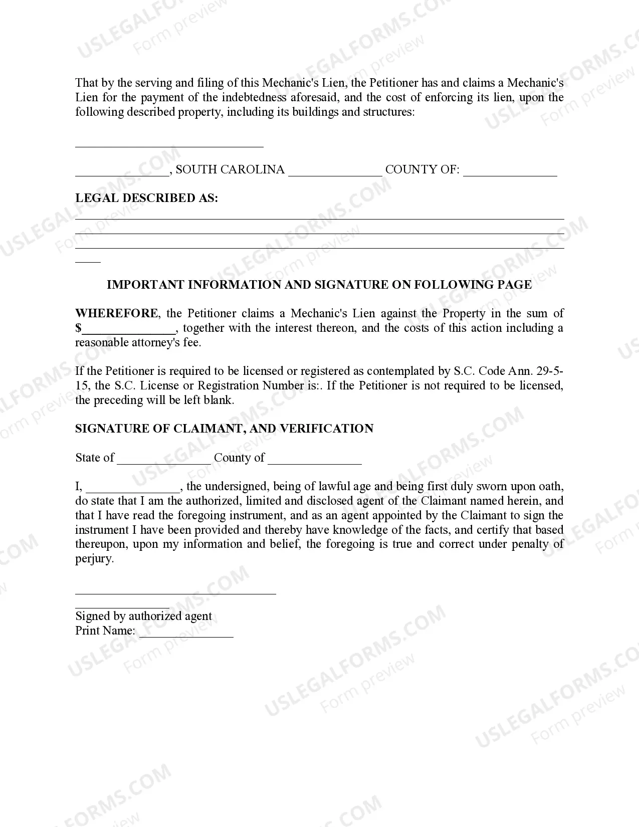 Preview Notice of Mechanic's Lien