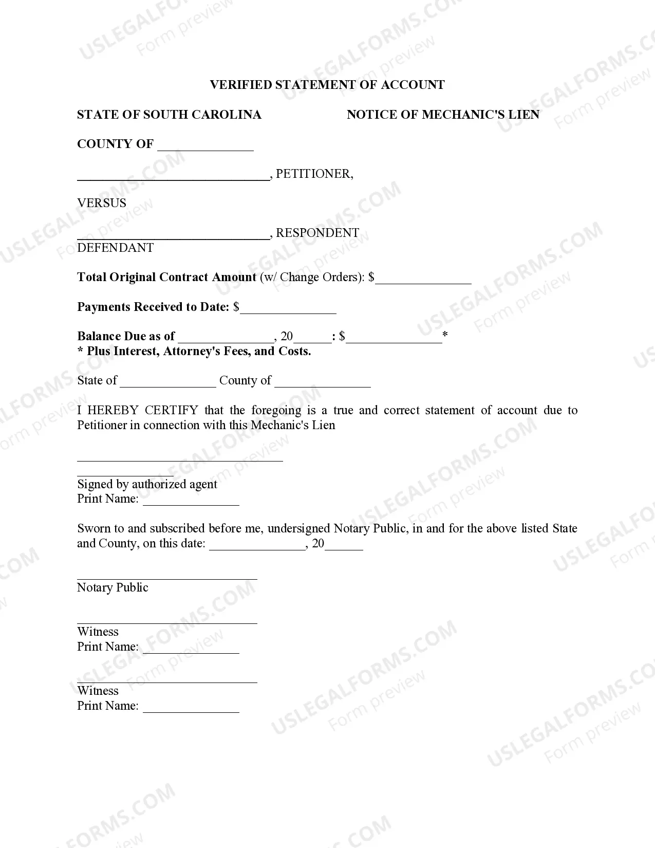 Preview Notice of Mechanic's Lien