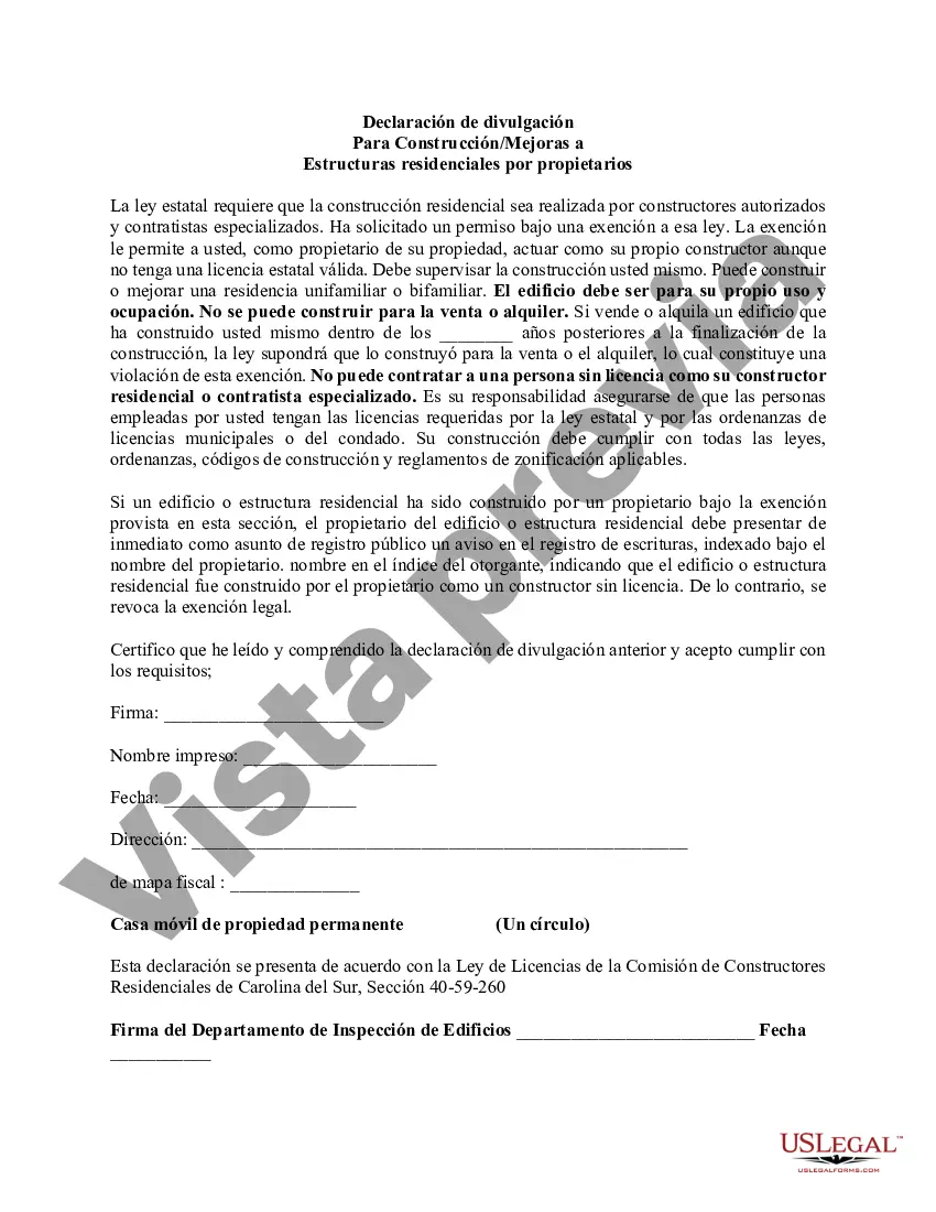 Preview Declaración de divulgación para construcción/mejoras a estructuras residenciales por parte de los propietarios