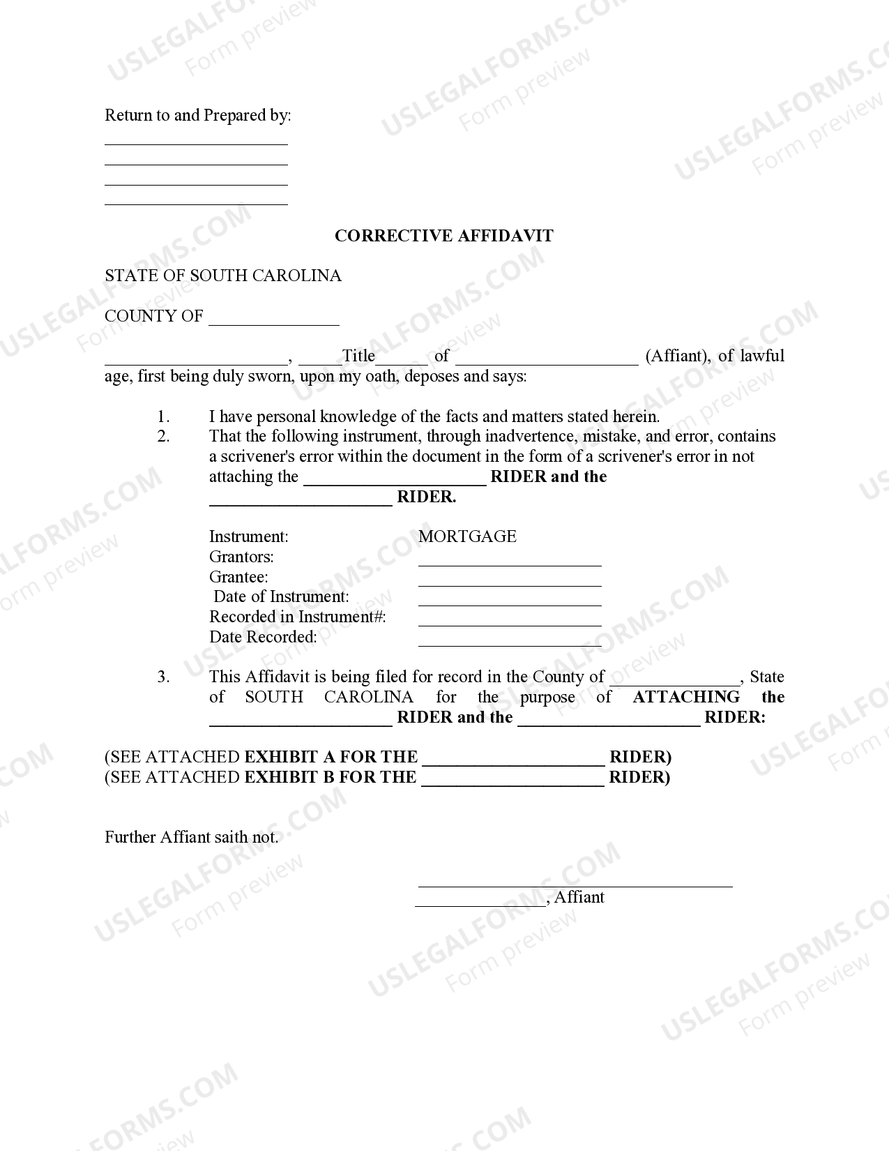 South Carolina Corrective Affidavit Corrective Affidavit US Legal Forms