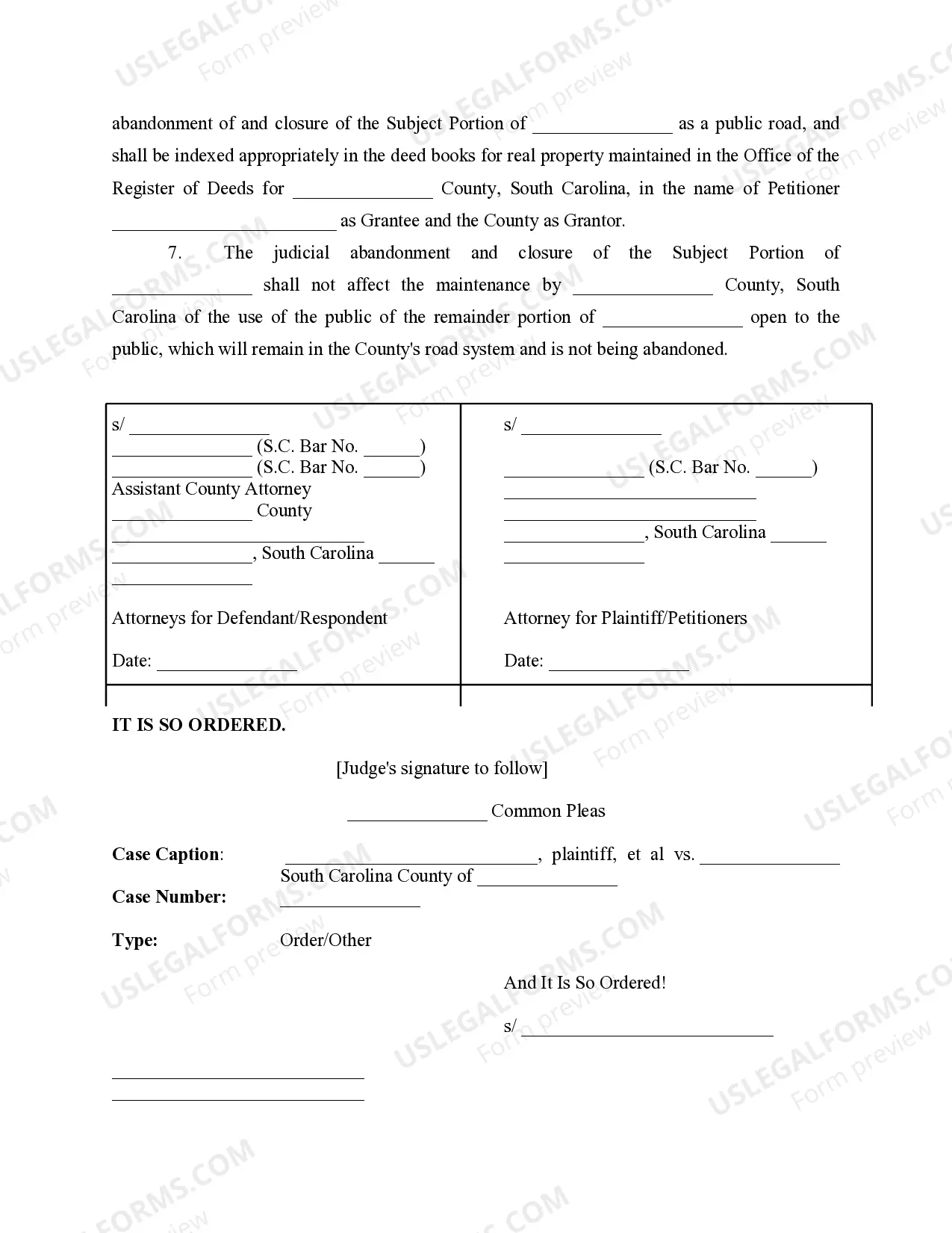 Preview Consent Order for Judicial Abandonment and Road Closure