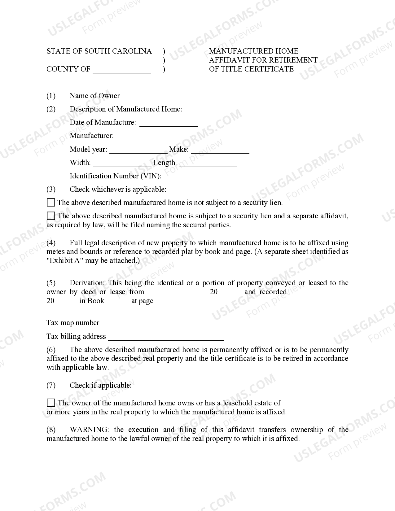 South Carolina Manufactured Home Affidavit for Retirement of Title Certificate South Carolina
