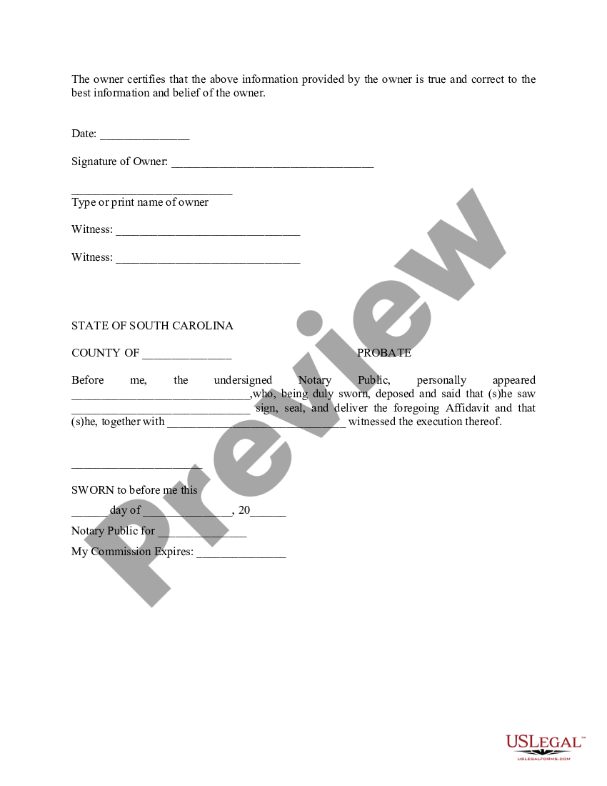 South Carolina Manufactured Home Affidavit for Retirement of Title ...