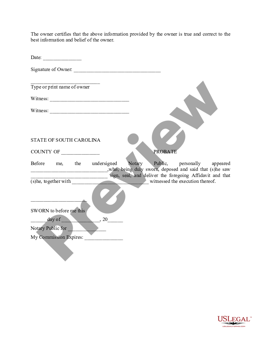 South Carolina Manufactured Home Affidavit For Retirement Of Title Certificate Us Legal Forms 0070