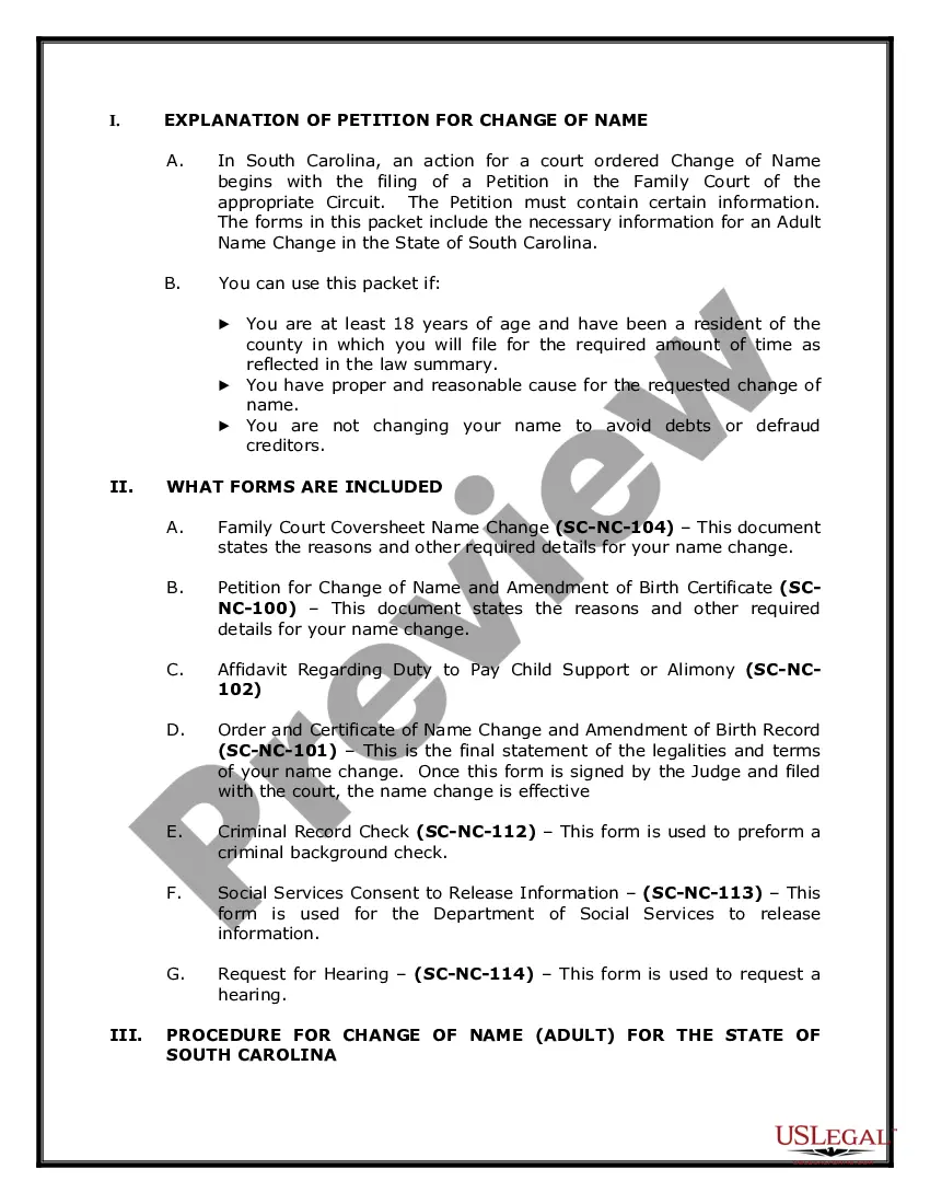 Preview South Carolina Name Change Instructions and Forms Package for an Adult