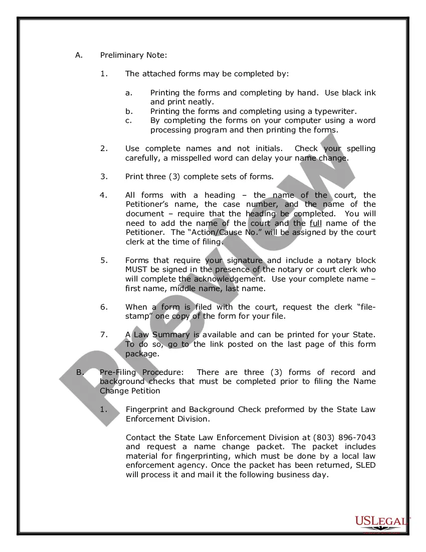 Preview South Carolina Name Change Instructions and Forms Package for an Adult