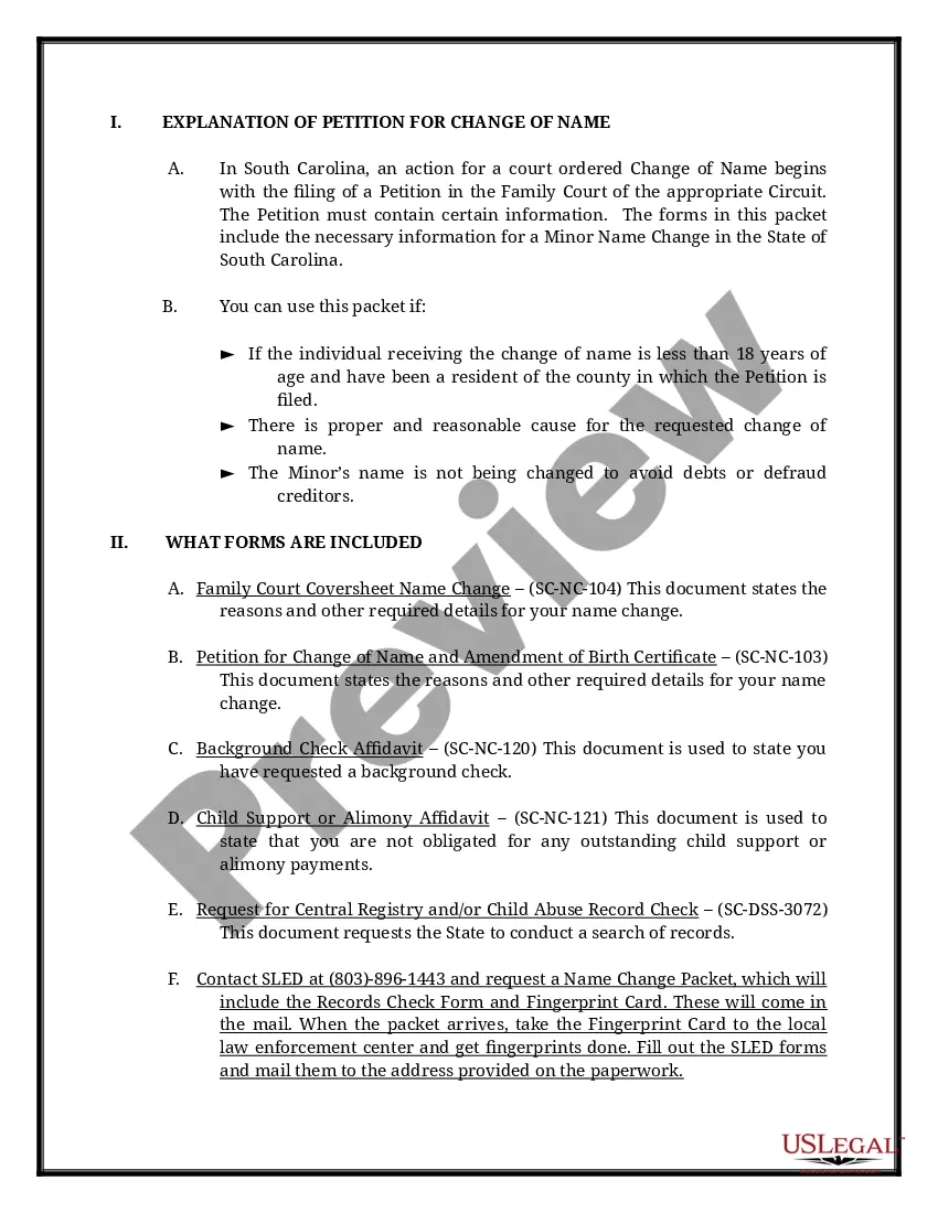 Preview South Carolina Name Change Instructions and Forms Package for a Minor