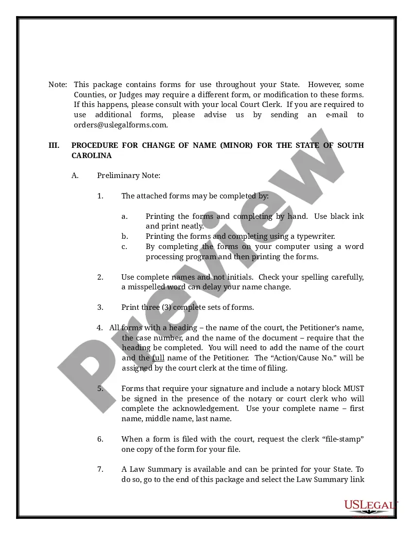 Preview South Carolina Name Change Instructions and Forms Package for a Minor