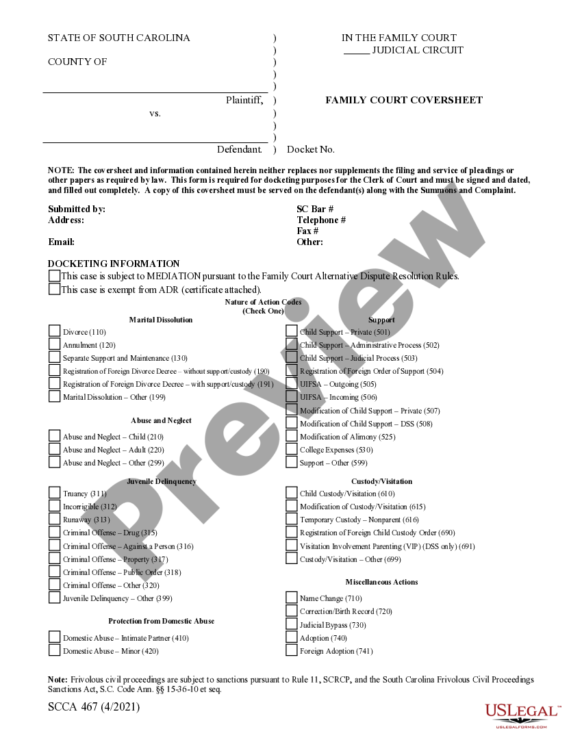 South Carolina Family Court Coversheet Name Change US Legal Forms