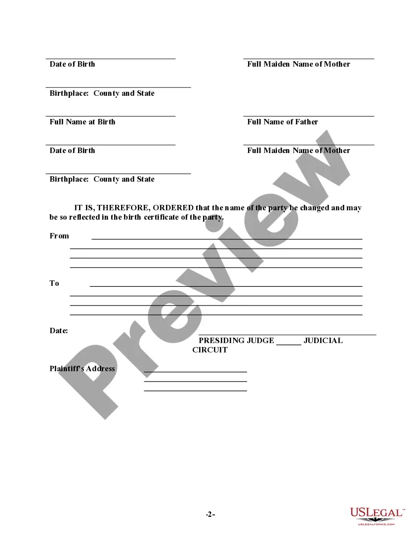 Preview Order and Certificate of Name Change and Amendment of Birth Certificate for Family