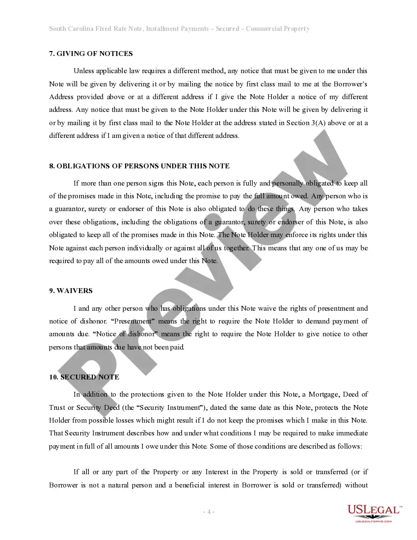 Preview South Carolina Installments Fixed Rate Promissory Note Secured by Commercial Real Estate