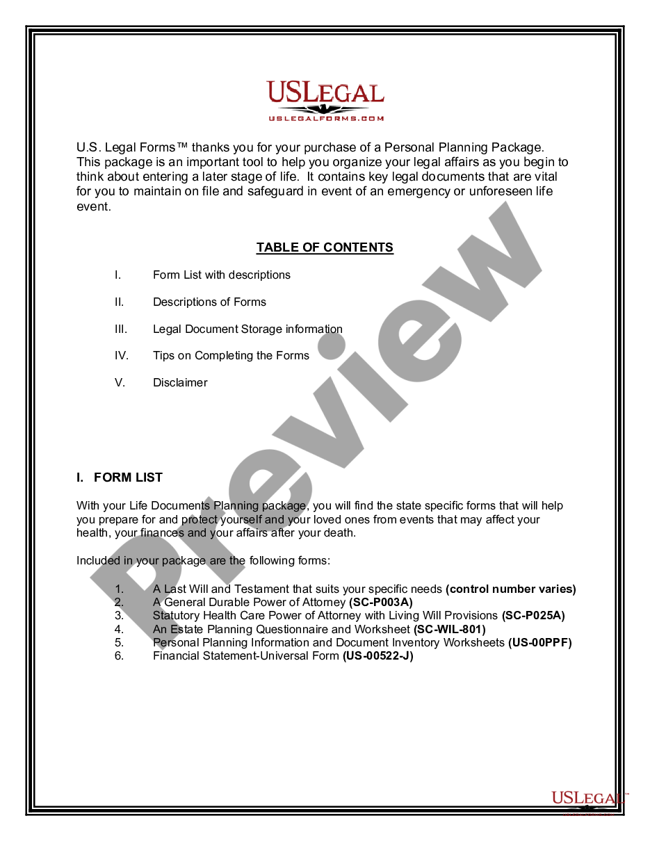 page 1 Life Documents Planning Package, including Will, Power of Attorney and Living Will preview