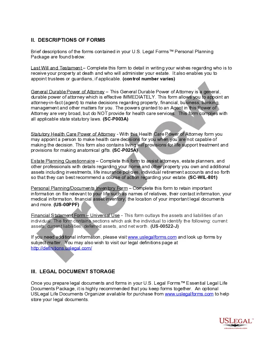 Preview South Carolina Life Documents Planning Package, including Will, Power of Attorney and Living Will