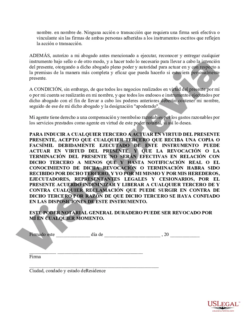 Preview Poder general duradero para la propiedad y las finanzas o efectivo financiero en caso de incapacidad