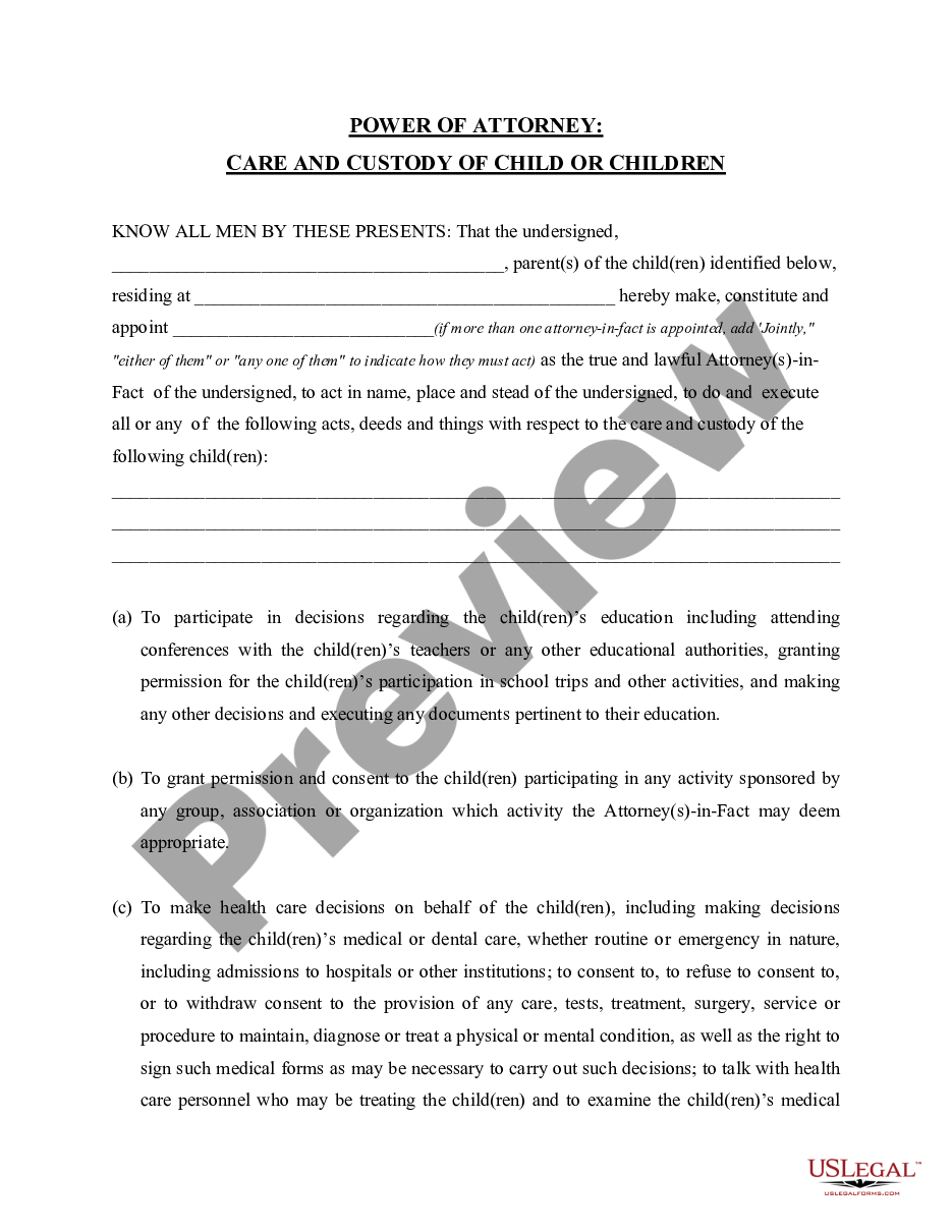 form General Power of Attorney for Care and Custody of Child or Children preview