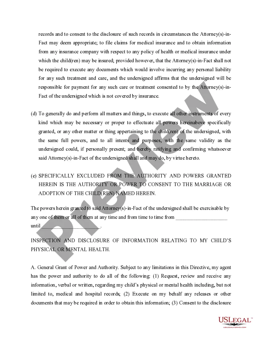 Get General Power of Attorney for Care and Custody of Child or Children Preview General Power of Attorney for Care and Custody of Child or Children