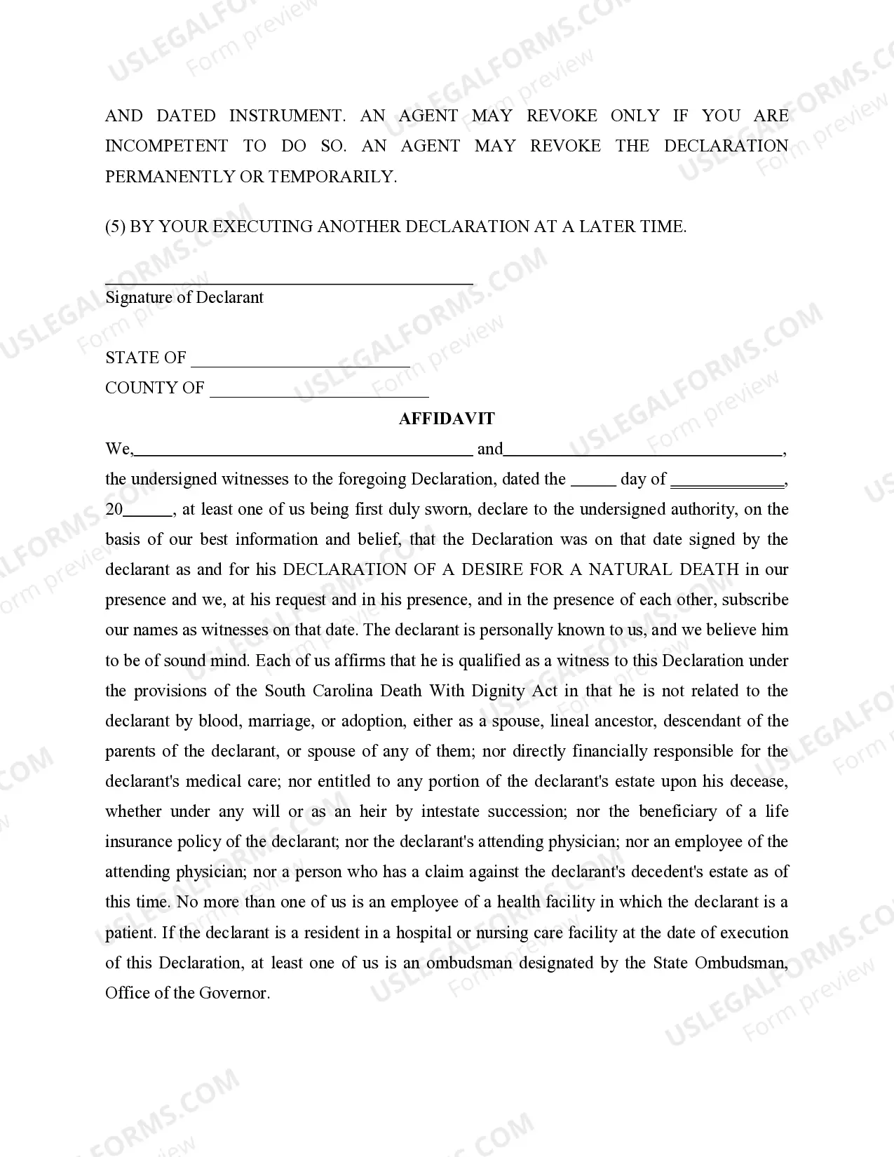Preview Statutory Equivalent of Living Will or Declaration for a Desire of a Natural Death - Statutory