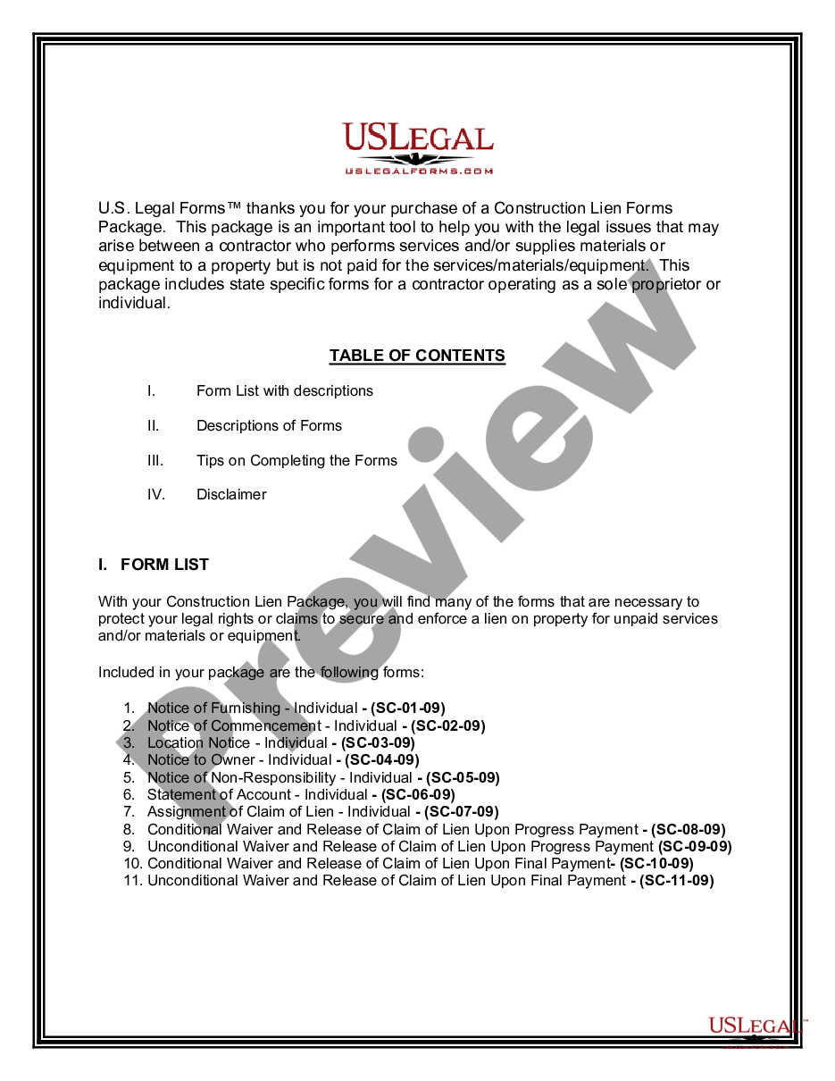 page 1 South Carolina Construction or Mechanics Lien Package - Individual preview