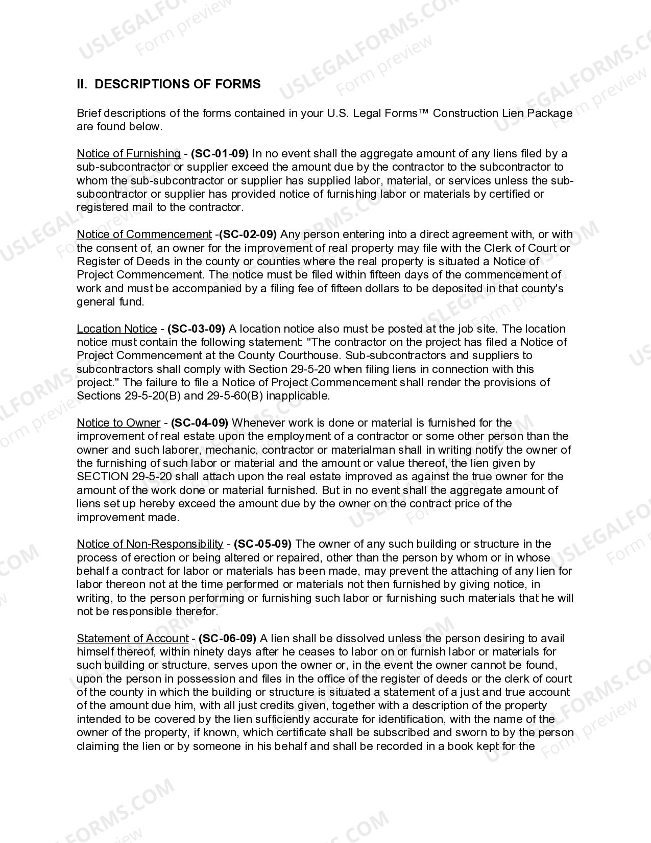 South Carolina Construction or Mechanics Lien Package Construction