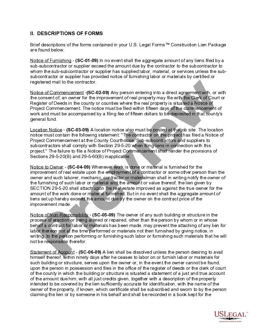 Get South Carolina Construction or Mechanics Lien Package - Individual Preview South Carolina Construction or Mechanics Lien Package - Individual